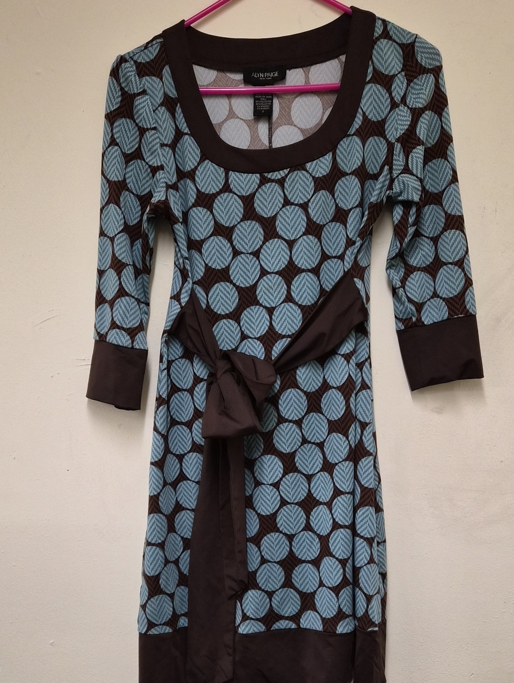 Alyn Paige Blue and Brown Long Sleeve Tie-Waist Dress Size S
